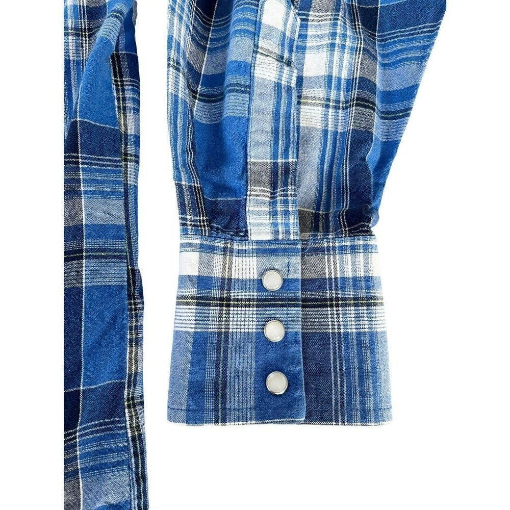 Wrangler Western Shirts Men's Sz L Blue White Plaid Pearl Snap Long Sleeve Shirt - Picture 6 of 9